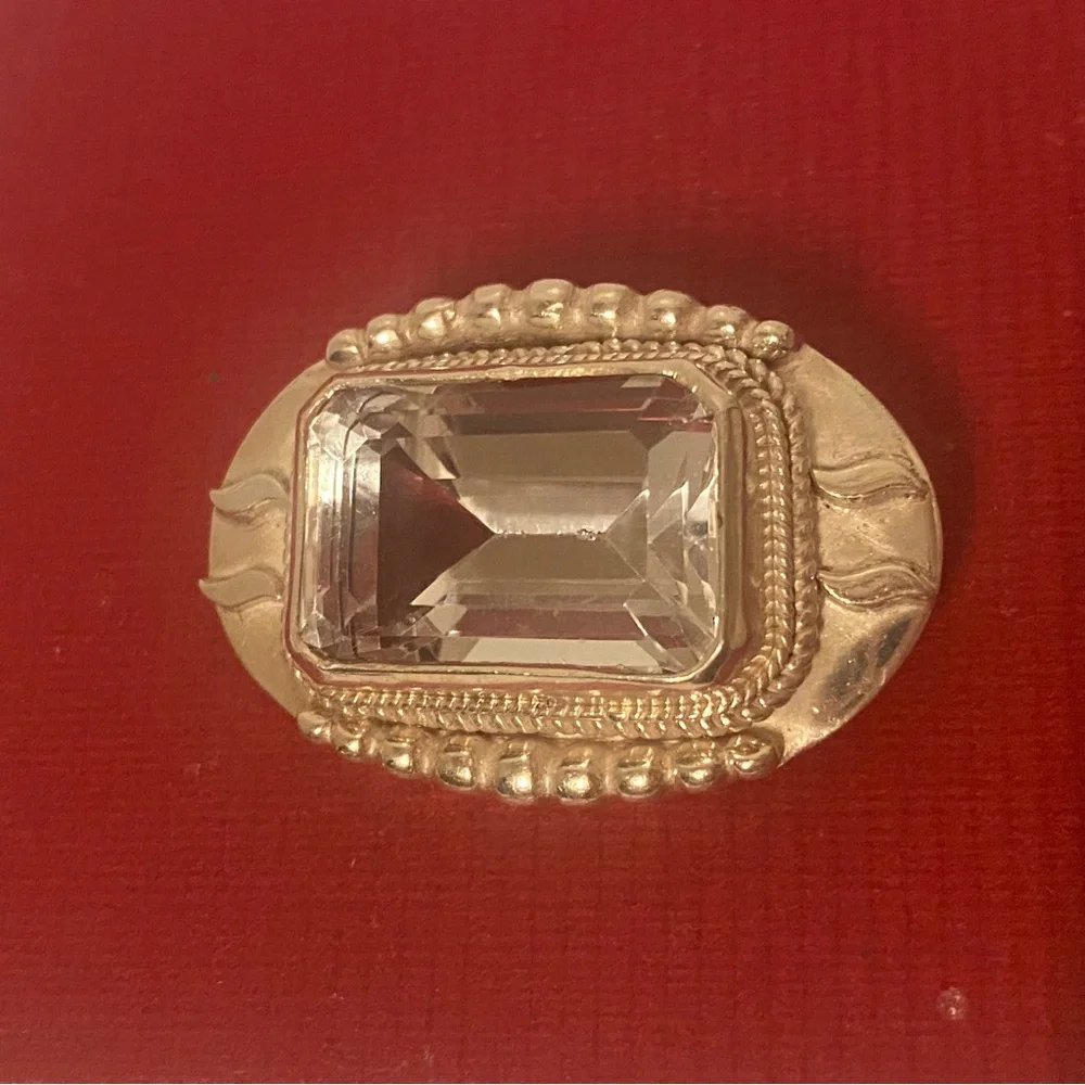 BROOCH VINTAGE STERLING SILVER 925 OVAL LARGE FACETED RECTANGLE CRYSTAL JEWELRY